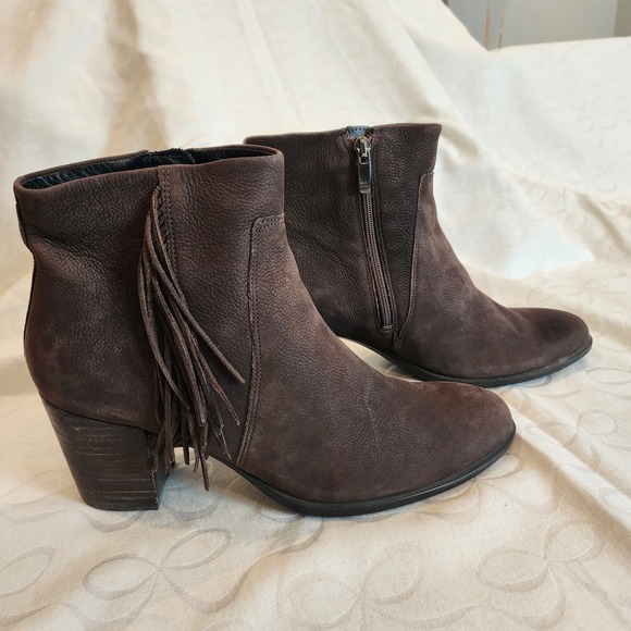 Ecco Boots 40 US 9/9.5 Brown Leather Fringe Ankle Zip Heel Western Boho Prairie - Picture 3 of 14